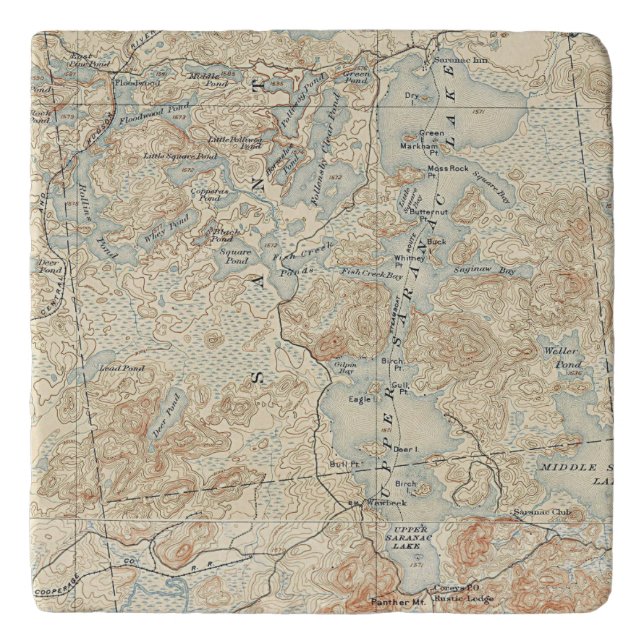 Upper Saranac Lake Detail from Old Topographic Map Trivet (Front)