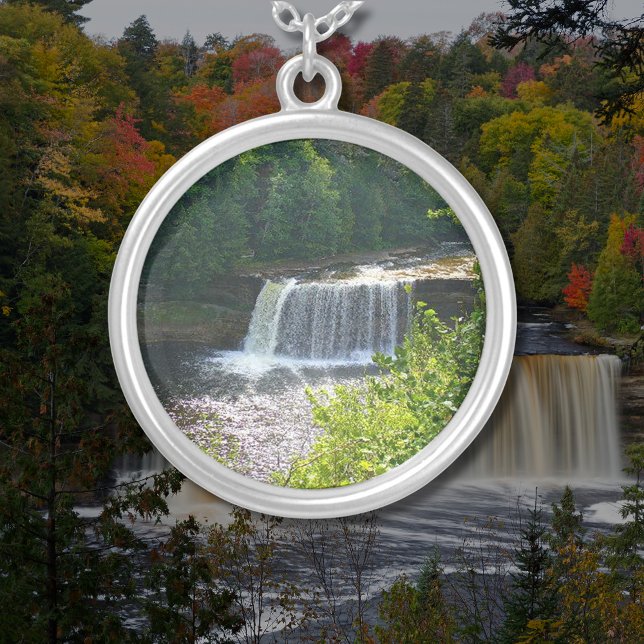 Upper Tahquamenon Falls State Park, MI Round Silver Plated Necklace (Upper Tahquamenon Falls State Park, MI Round Silver Plated Necklace)