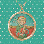 Upper Torso of St. Joseph (Detail; VVP 09) Gold Plated Necklace<br><div class="desc">In this detail of a 19th-century Belgian devotional print, a mature, gray-haired St. Joseph stands in front of a red wall hanging with golden yellow trim. The tapestry is patterned with equal-armed crosses enclosed in rotated squares. How it is hung defies logical explanation because the background consists of an infinitely...</div>
