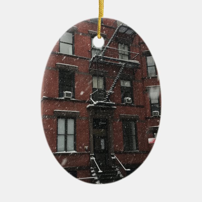 Upper West Side Brownstone Fire Escape NYC Snow Ceramic Ornament (Front)