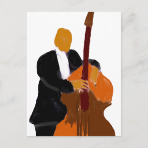 Upright bass player holding a bass painting postcard