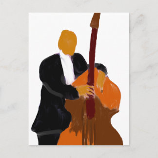 Upright bass player holding a bass painting postcard
