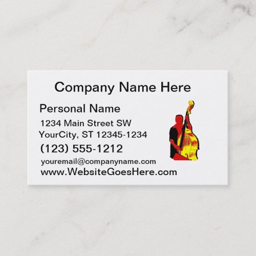 Upright Bass Player Image Design Red and Yellow Business Card Template
