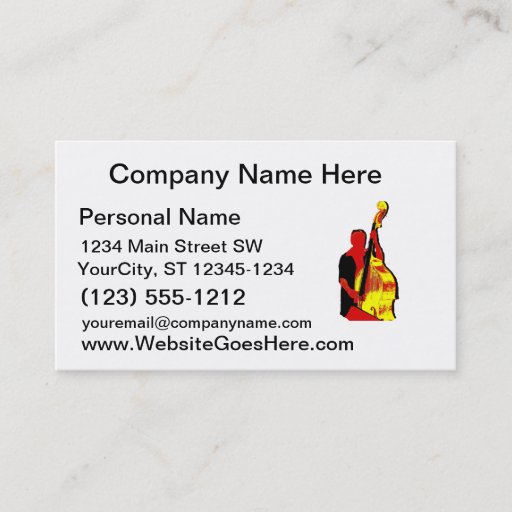 Customizable Upright Bass Player Image Design Red and Yellow Business Card Template