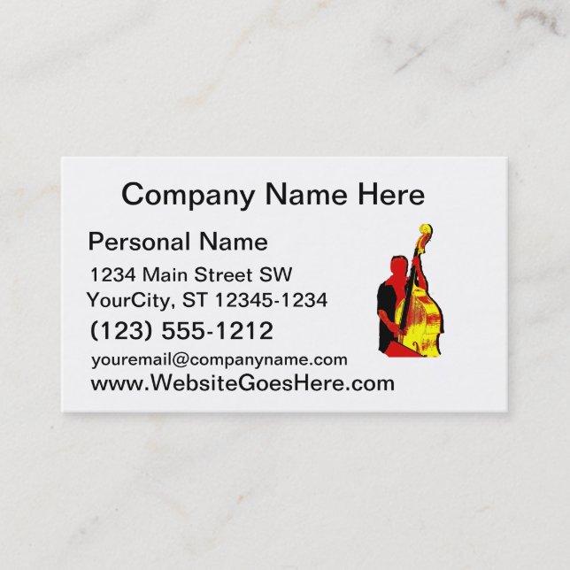 Upright Bass Player Image Design Red and Yellow Business Card (Front)