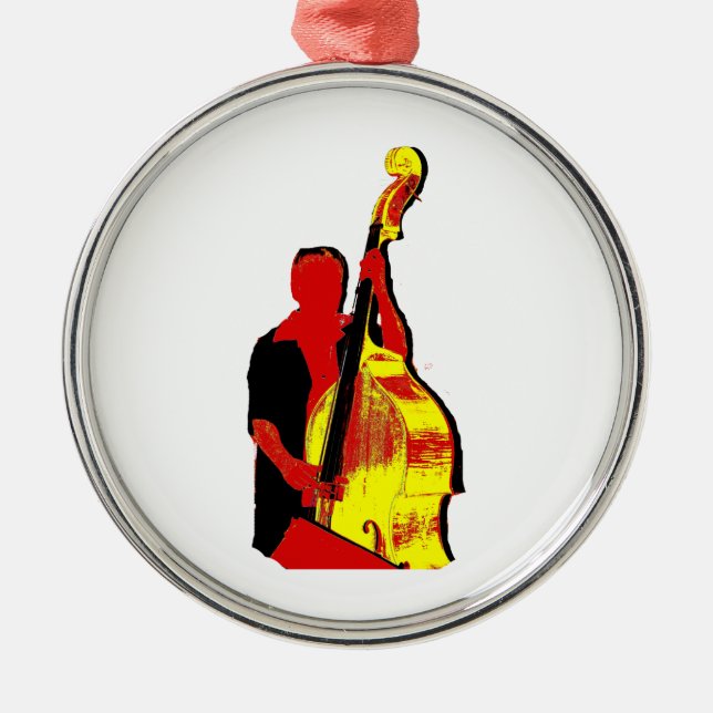 Upright Bass Player Image Design Red and Yellow Metal Ornament (Front)