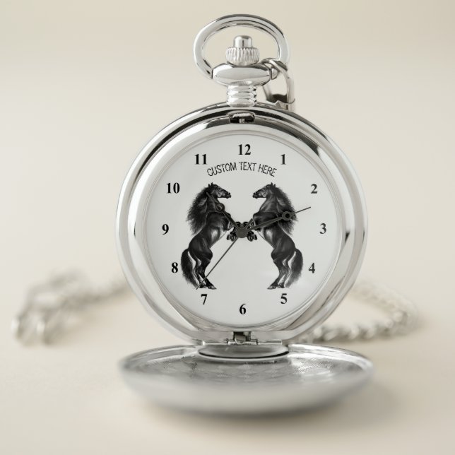 Upright Black Horses Pocket Watch Custom Text (Inside)