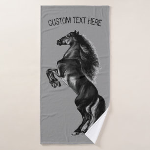 Upright Black Wild Horse - Add Your Text / Color Bath Towel Set