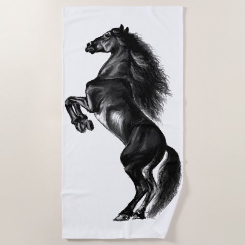 Upright Black Wild Horse _ Black and White Drawing Beach Towel