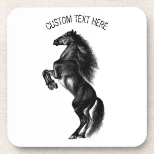 Upright Black Wild Horse - Black and White Drawing Beverage Coaster