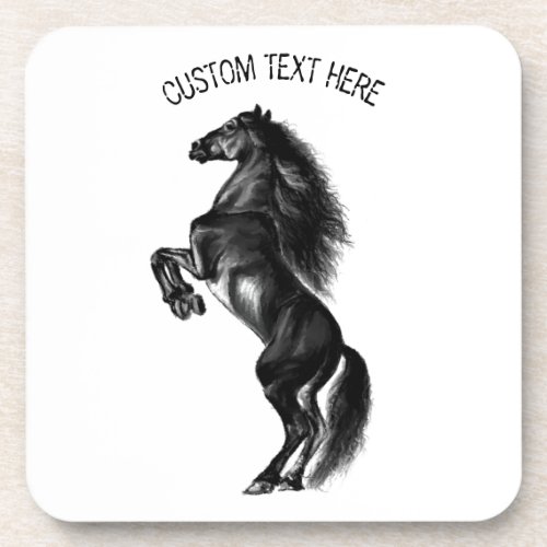 Upright Black Wild Horse _ Black and White Drawing Beverage Coaster