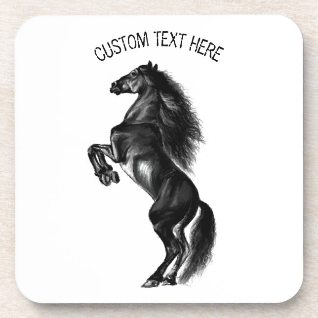 Upright Black Wild Horse - Black and White Drawing Beverage Coaster (Front)