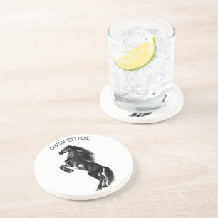 Upright Black Wild Horse - Black and White Drawing Coaster