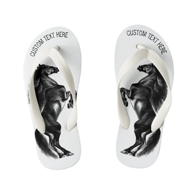 Upright Black Wild Horse - Black and White Drawing Kid's Flip Flops (Footbed)