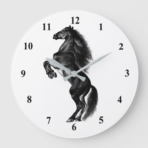Upright Black Wild Horse _ Black and White Drawing Large Clock