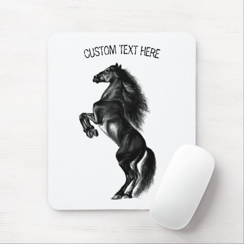 Upright Black Wild Horse _ Black and White Drawing Mouse Pad