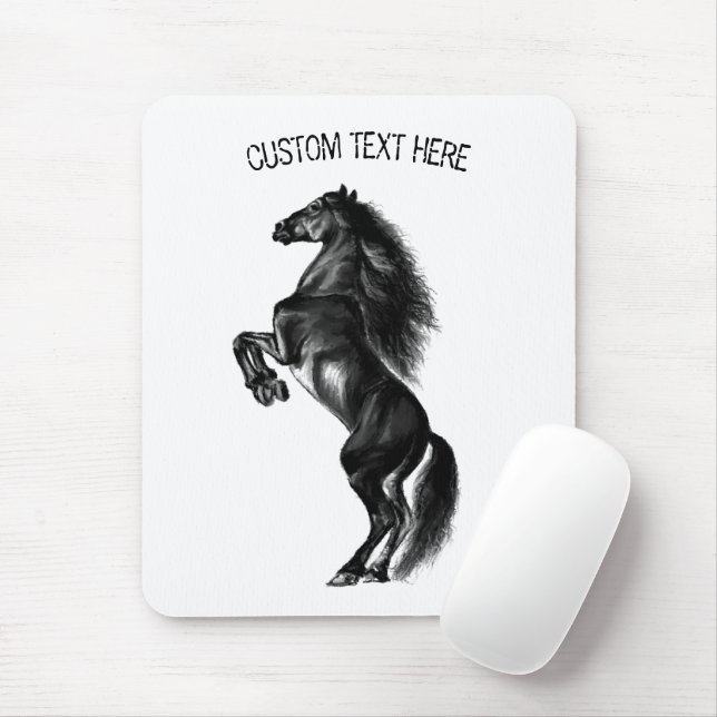 Upright Black Wild Horse - Black and White Drawing Mouse Pad (With Mouse)