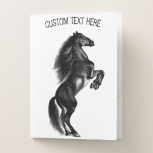 Upright Black Wild Horse - Black and White Drawing Pocket Folder