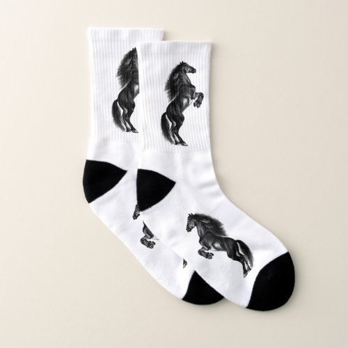 Upright Black Wild Horse _ Black and White Drawing Socks