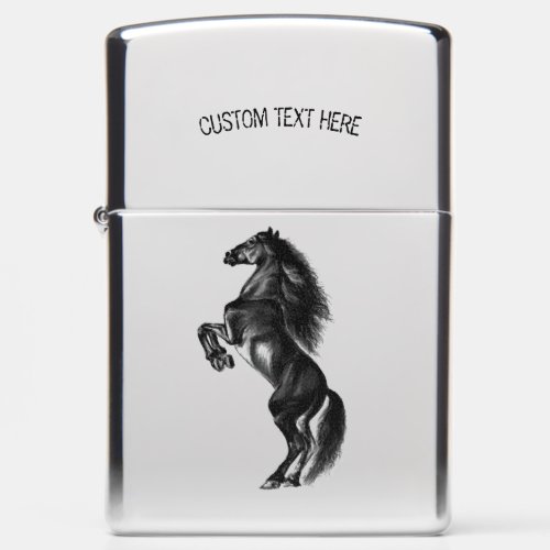 Upright Black Wild Horse _ Black and White Drawing Zippo Lighter