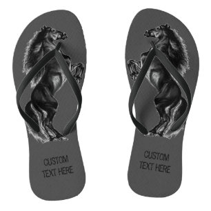 Upright Black Wild Horse - Black & White Drawing - Flip Flops