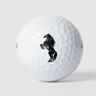 Upright Black Wild Horse - Black & White Drawing Golf Balls