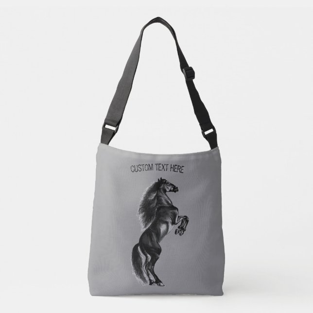 Upright Black Wild Horse - Drawing - Add Your Text Crossbody Bag (Front)