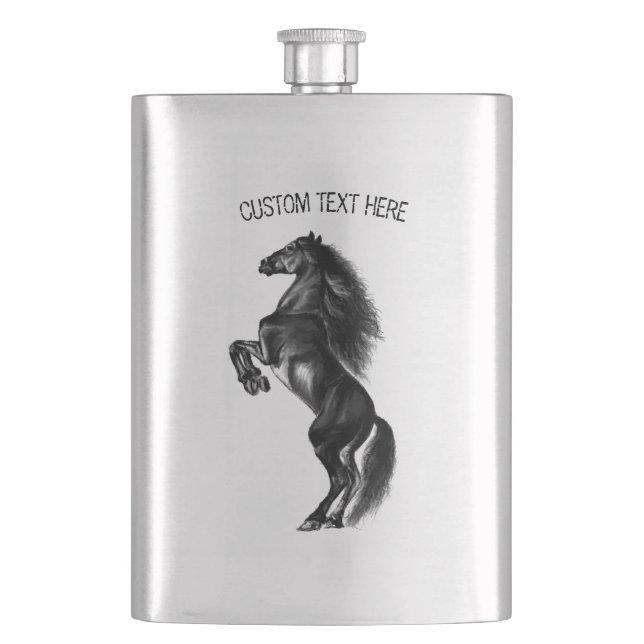 Upright Black Wild Horse Drawing - Add Your Text  Flask (Front)