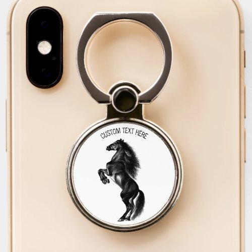 Upright Black Wild Horse _ Drawing _ Add Your Text Phone Ring Stand