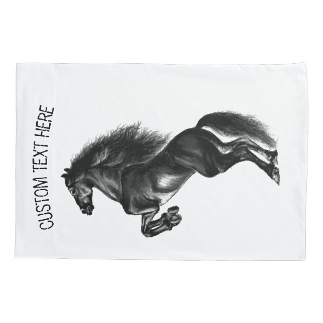 Upright Black Wild Horse - Drawing - Add Your Text Pillow Case (Back)