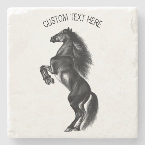 Upright Black Wild Horse _ Drawing _ Add Your Text Stone Coaster