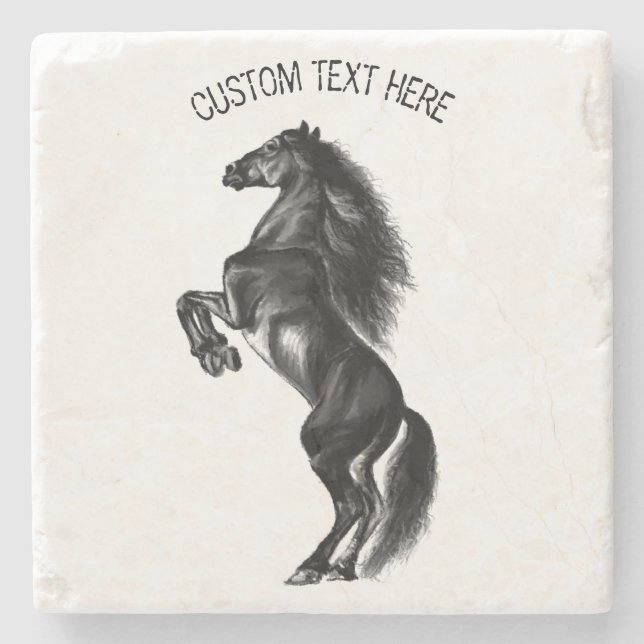 Upright Black Wild Horse - Drawing - Add Your Text Stone Coaster (Front)