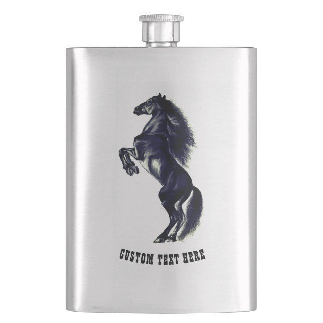 Upright Black Wild Horse Drawing - Your Text Flask (Front)