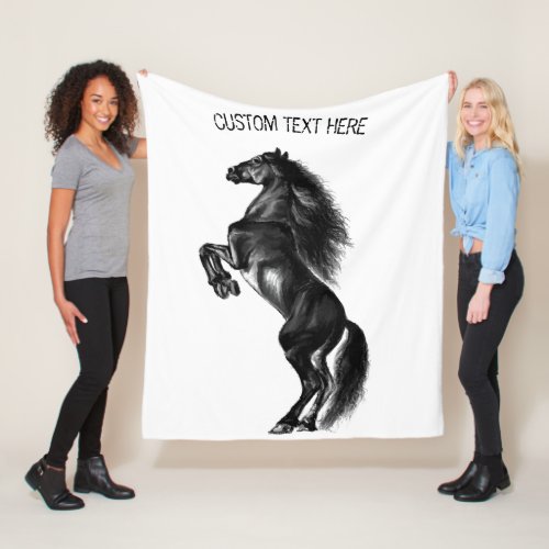 Upright Black Wild Horse Fleece Blanket Your Text
