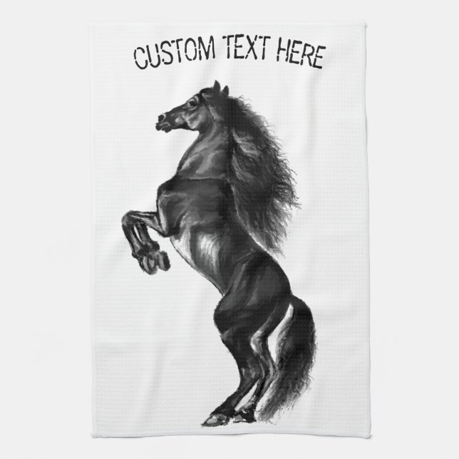 Upright Black Wild Horse Kitchen Towel Your Text (Vertical)