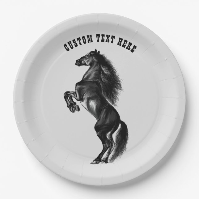 Upright Black Wild Horse Paper Plates Custom Text (Front)
