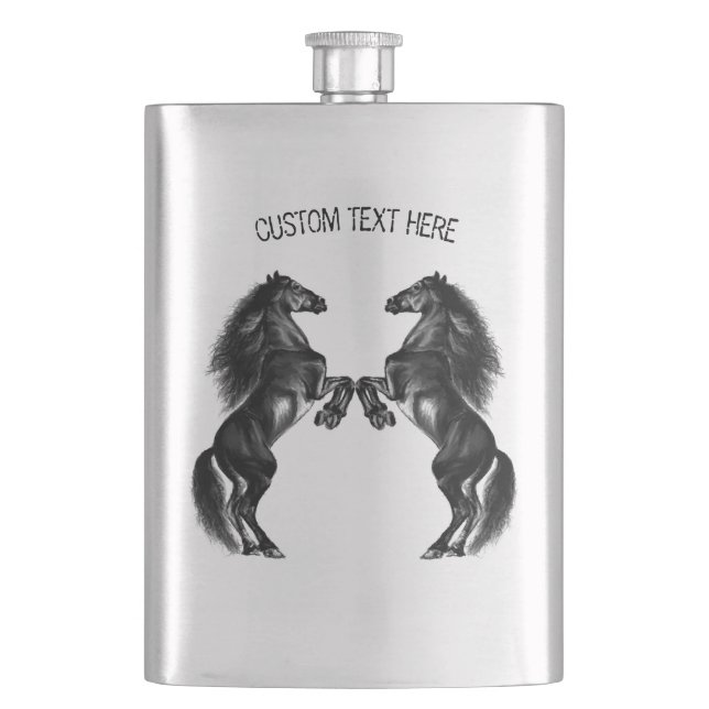Upright Black Wild Horses Drawing - Add Your Text Flask (Front)