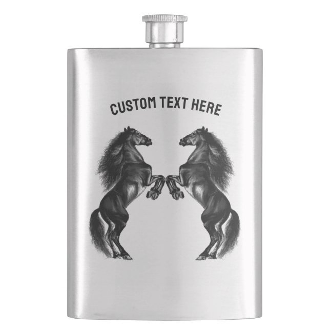 Upright Black Wild Horses Flask - Your Text  (Front)