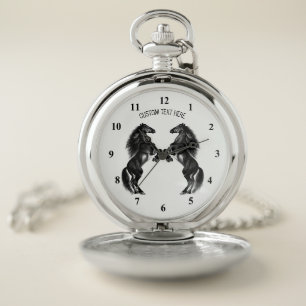 Upright Black Wild Horses Pocket Watch - Your Text