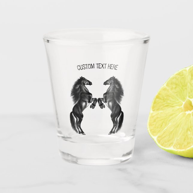 Upright Black Wild Horses Shot Glass Custom Text (Front)