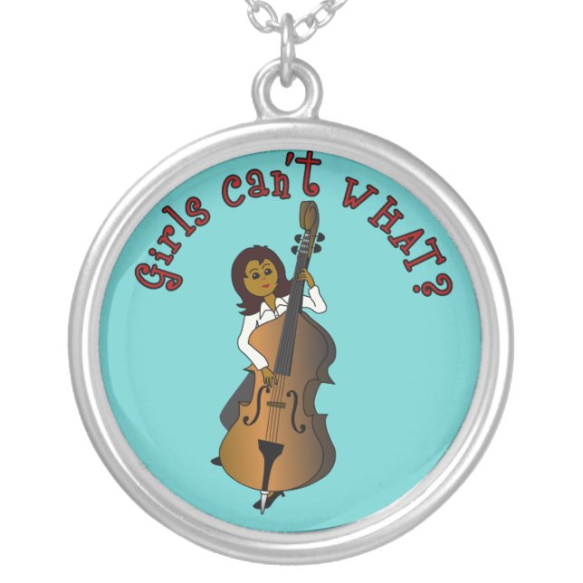Upright String Double Bass Player Woman Silver Plated Necklace (Front)