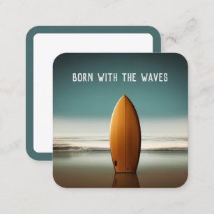 Upright Wooden Surfboard On Ocean Beach  Square Business Card