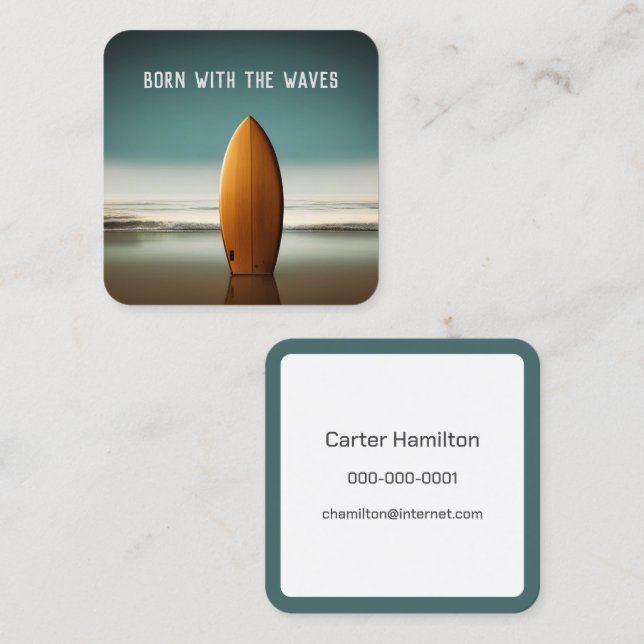 Upright Wooden Surfboard On Ocean Beach  Square Business Card (Front/Back)