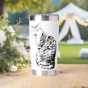 Upright Yawning Tabby Cat Black & White Art Mug Insulated Tumbler