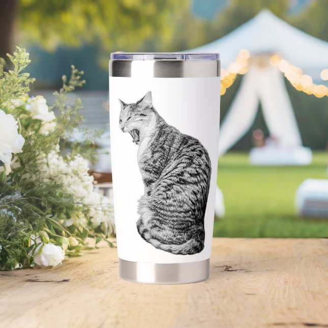 Upright Yawning Tabby Cat Monochrome Art Mug Insulated Tumbler (Wedding (Rotated))
