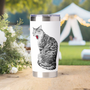Upright Yawning Tabby Cat Monochrome Art Mug Insulated Tumbler