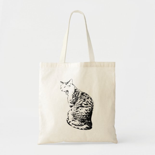 Upright Yawning Tabby Cat Monochrome Tote Bag (Front)
