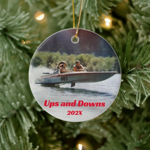 Ups and Downs Vintage Flat Bottom Boat Christmas Ceramic Ornament