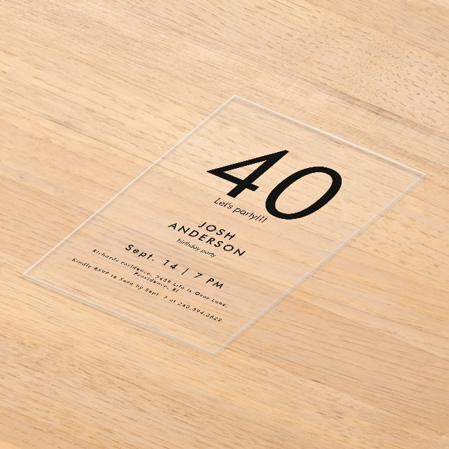 Upscale 40th Birthday Party Acrylic Invitations (Laydown)