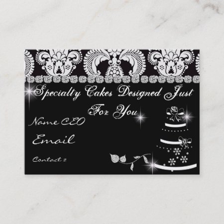 Upscale Bakery Business Card Black & White Damask